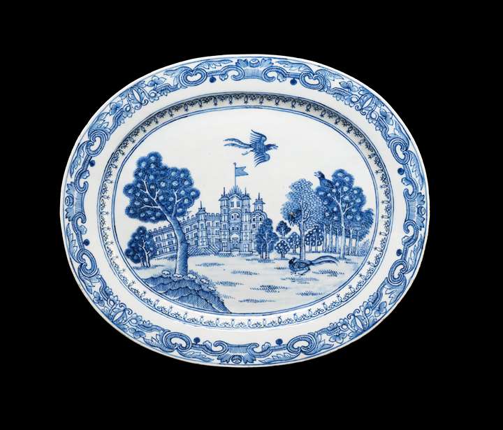 Chinese blue and white porcelain meat dish showing Burghley House
